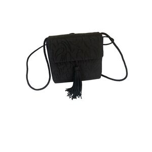Macy's Vintage Black Jacquard Tassel Evening Bag pillbox Scroll Crossbody Purse